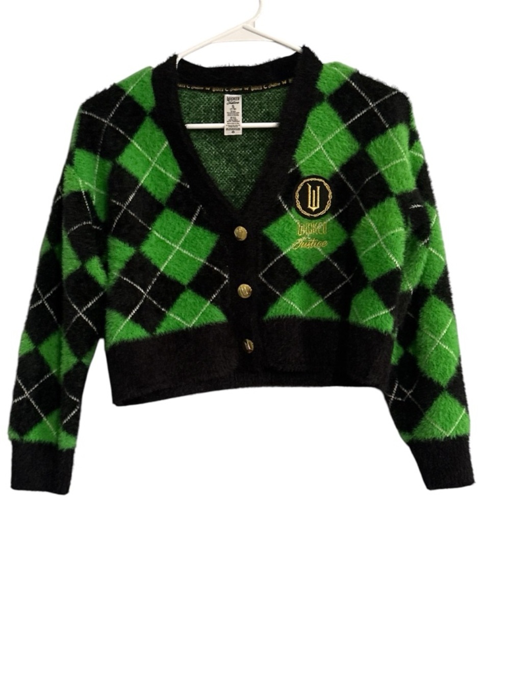 Justice Cropped V-Neck Argyle Cardigan Sweater - Green & Black